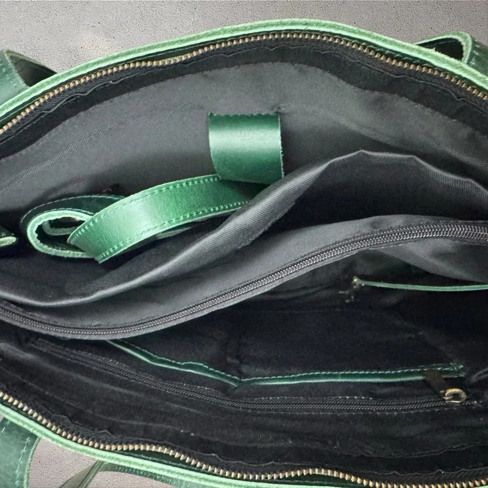 Montana Hudson Eva Leather Green Zip Tote Laptop Bag w/ Shoulder Strap